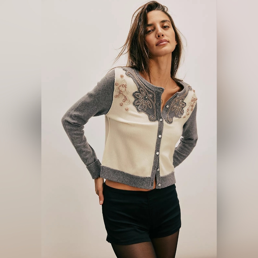 Free People Embroidered Beaded Gray and Cream Women's Sweater L